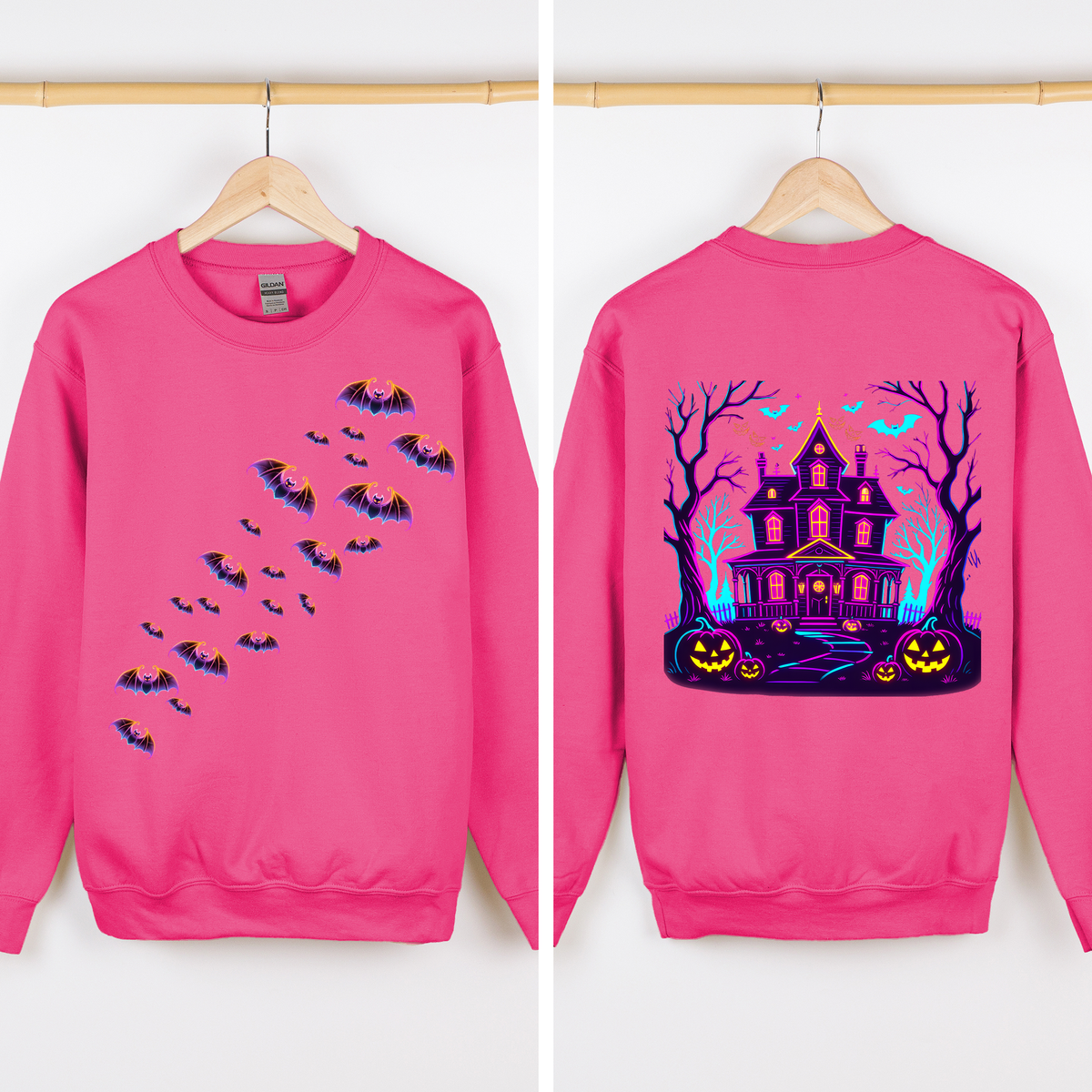 Haunted House Bright Colors Front And Back Print Bats Ghosts Halloween Sweatshirt