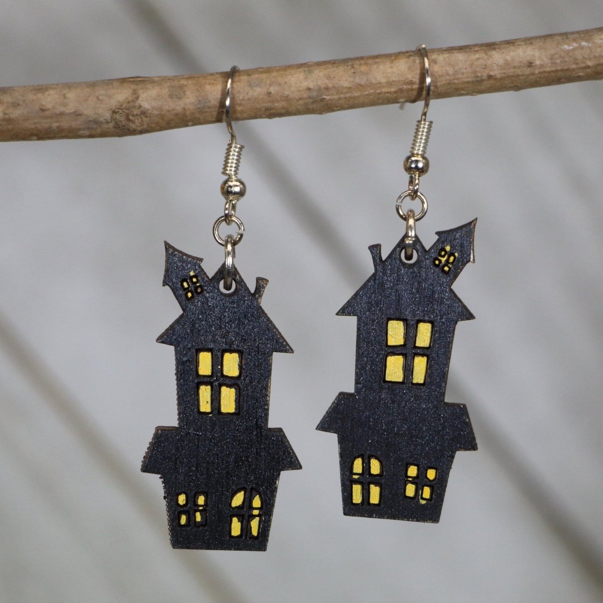 Haunted House Wooden Dangle Earrings | Halloween Spooky Jewelry