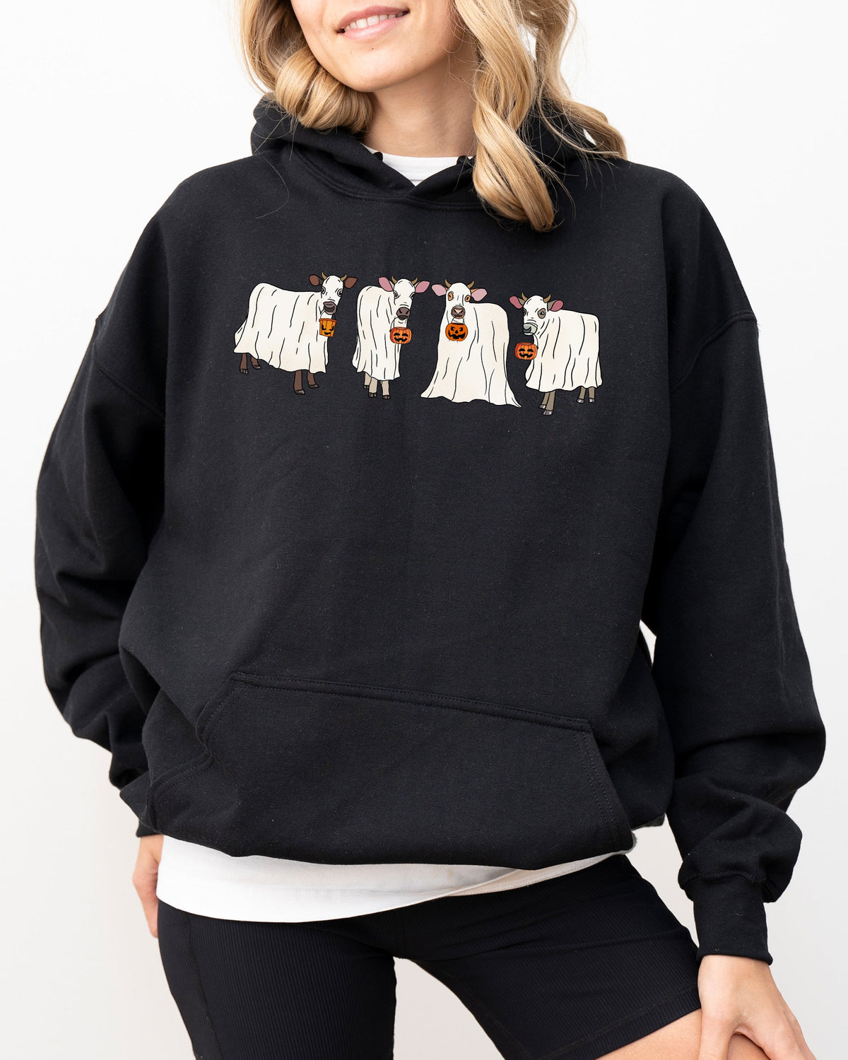 Ghost Cows Farm Skeleton Spooky Witch Halloween Costume Night Moonlit Haunted Harvest Mystic Edition Hoodie
