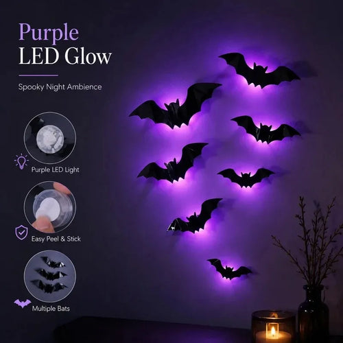 12-Piece LED Light-Up 3D Bat Wall Decorations