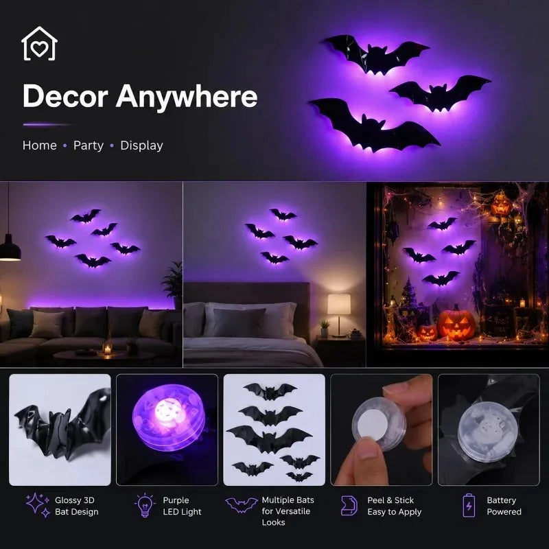 12-Piece LED Light-Up 3D Bat Wall Decorations
