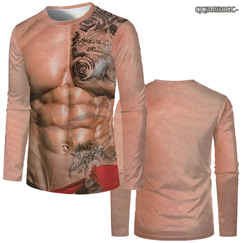 Fake Muscle Body 3D Print Men T-shirt Halloween Funny Cosplay Muscular Long Sleeve T Shirt Fashion Casual O-Neck Kids Tops Tees