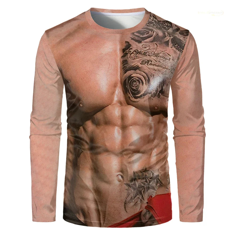 Fake Muscle Body 3D Print Men T-shirt Halloween Funny Cosplay Muscular Long Sleeve T Shirt Fashion Casual O-Neck Kids Tops Tees