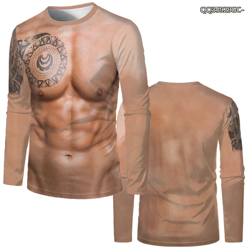 Fake Muscle Body 3D Print Men T-shirt Halloween Funny Cosplay Muscular Long Sleeve T Shirt Fashion Casual O-Neck Kids Tops Tees