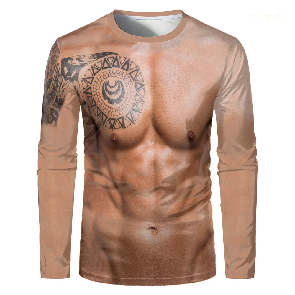Fake Muscle Body 3D Print Men T-shirt Halloween Funny Cosplay Muscular Long Sleeve T Shirt Fashion Casual O-Neck Kids Tops Tees