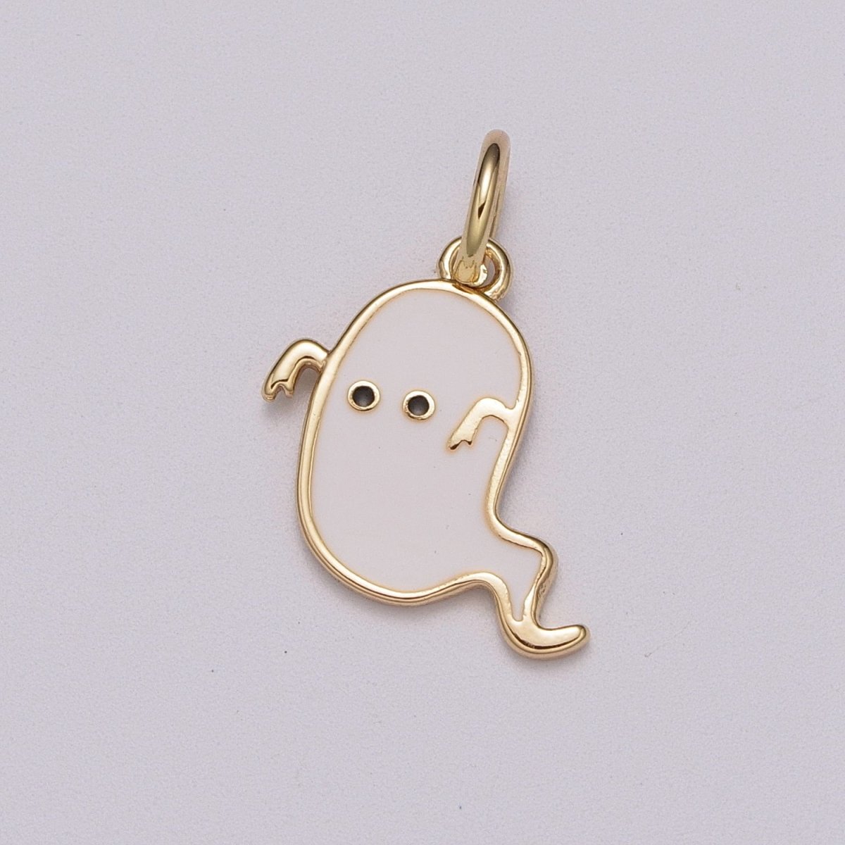 White Ghost Charm, Gold Enamel Cute Scary Haunted Halloween Pendant Jewelry Inspired M-857